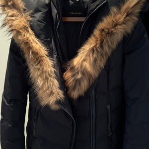 Mackage Black Puffer Jacket with Brown Faux Fur Trim